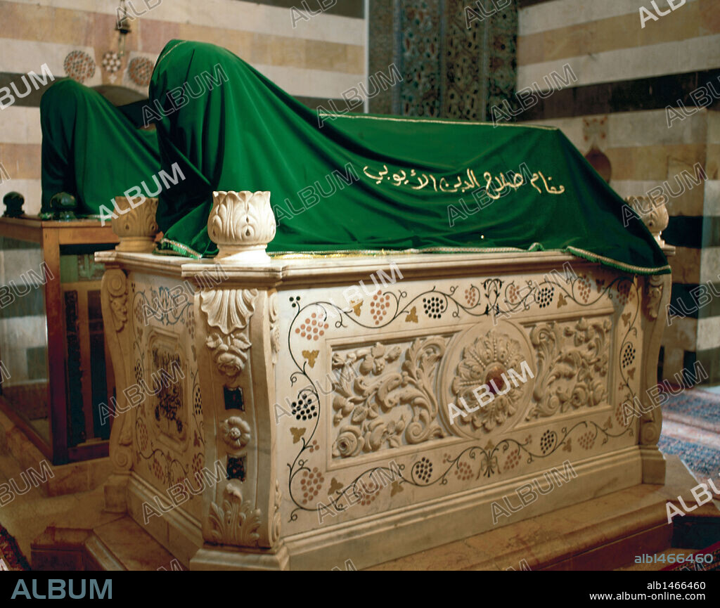 Saladin (real name Salah_ al-Din Yusuf ibn Ayyub) (1138-1193). The first Sultan of Egypt and Syria and the founder of the Ayyubid dynasty. Mausoleum of Saladin. Two Cenotaphs. First, marble coffin (empty) gift from Emperor Wilhem II next to a wooden tomb that holds Saladin's body. Damascus. Syria.