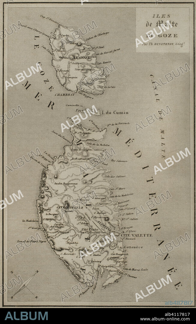 THUNOT DUVOTENAY (1796-1875). FRENCH GEOGRAPHER.. Islands of Malta and Gozo. Map by Thunot Duvotenay (1796-1875). History of Malta and Gozo, by Frédéric Lacroix. Panorama Universal, Spanish edition, printed in Barcelona, 1850.
