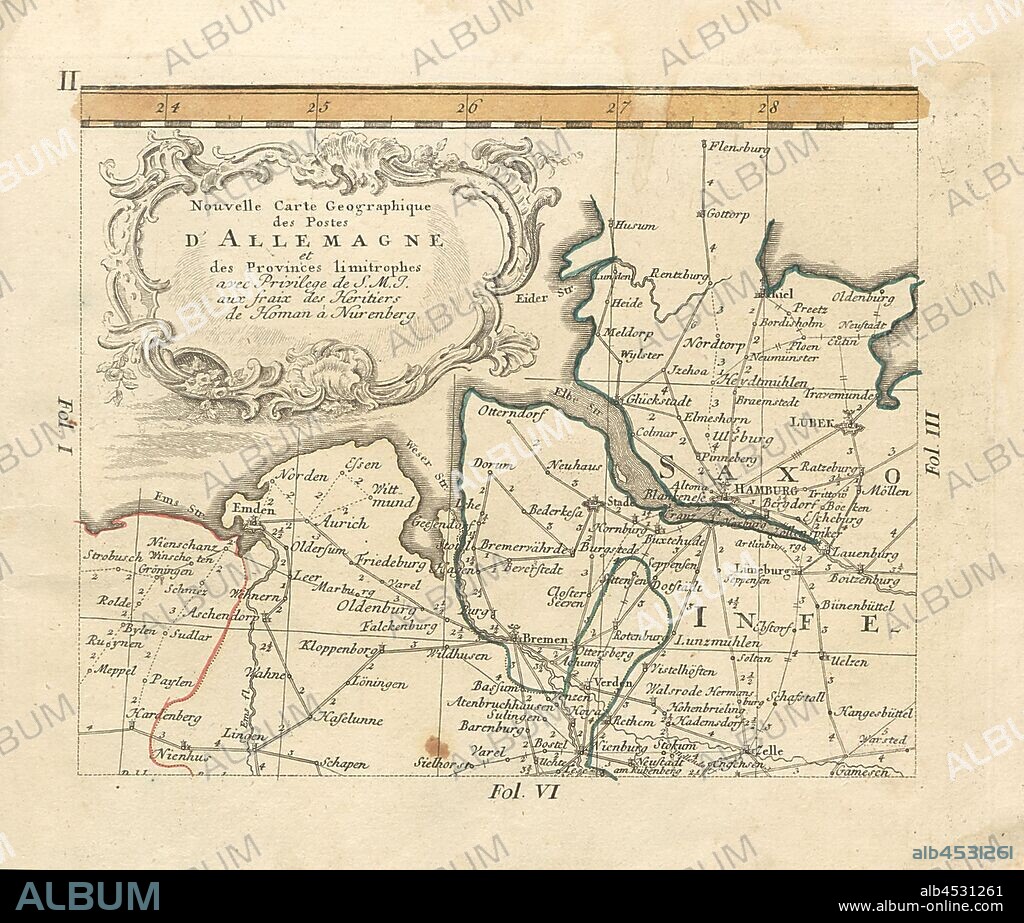 New Geographical Map of Posts in Germany and Provinces ..., Map of the Hamburg region, fol. 4r, Bors, Johann Jakob (verfertigt), Homannsche Erben (ed.), Johann Jakob Bors; Franz Ioseph Heger: Neue und vollständige Postkarte durch ganz Deutschland. Nürnberg: im Verlag bey denen Homaennischen Erben, [1764].