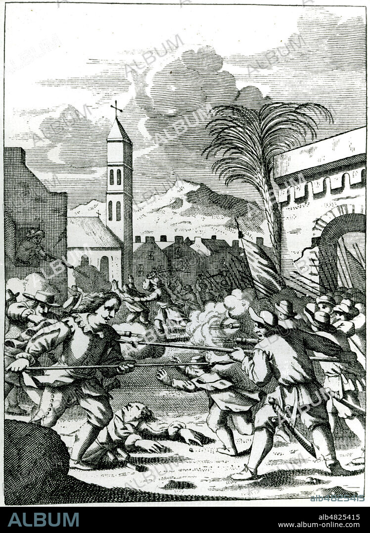 Prise de Carthagene des Indes (en COLOMBIE) en 1697 aux espagnols, par le Baron de Pointis (1645-1707). Illustration tiree de l'ouvrage d'Alexandre-Olivier Exquemelin (1646-1717) 'Aventuriers et boucaniers d'Amerique', fin 17eme siecle (17e, XVIIe s.) Archives de la Marine. Credit : Collection Jean Vigne/KHARBINE-TAPABOR.