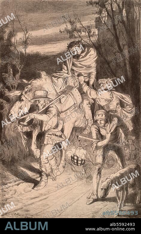 Wolff, Julius; Schriftsteller. 1834-1910. Werke: Der wilde Jäger (1877). "Zu Grabe". (Illustration zu der Verserzählung). Lichtdruck nach Tuschzeichnung, 1882, von Karl Rickelt. Aus der Sammelmappe "Der wilde Jäger", München (Verlag A.Ackermann), 1883. Berlin, Sammlung Archiv für Kunst und Geschichte.