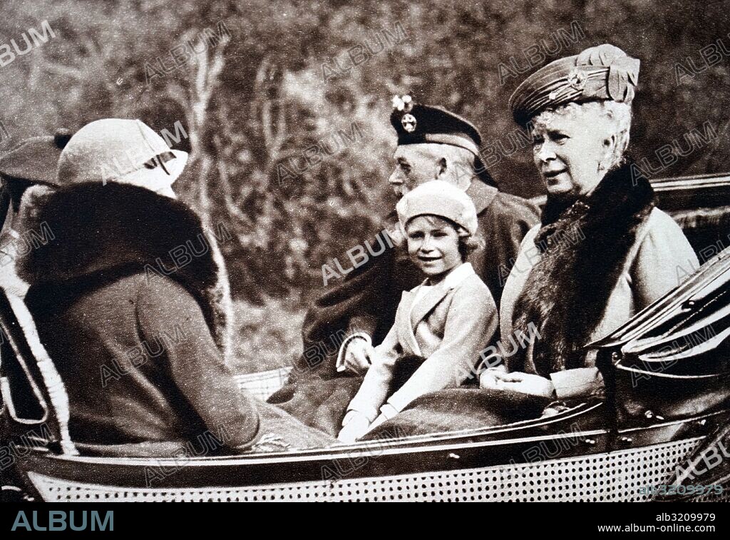 Photograph of Princess Elizabeth (1926-) with her grandparents, Queen Mary of Teck (1867-1953) and King George V (1865-1936). Also pictured is her mother Lady Elizabeth (1900-2002). Dated 20th Century.