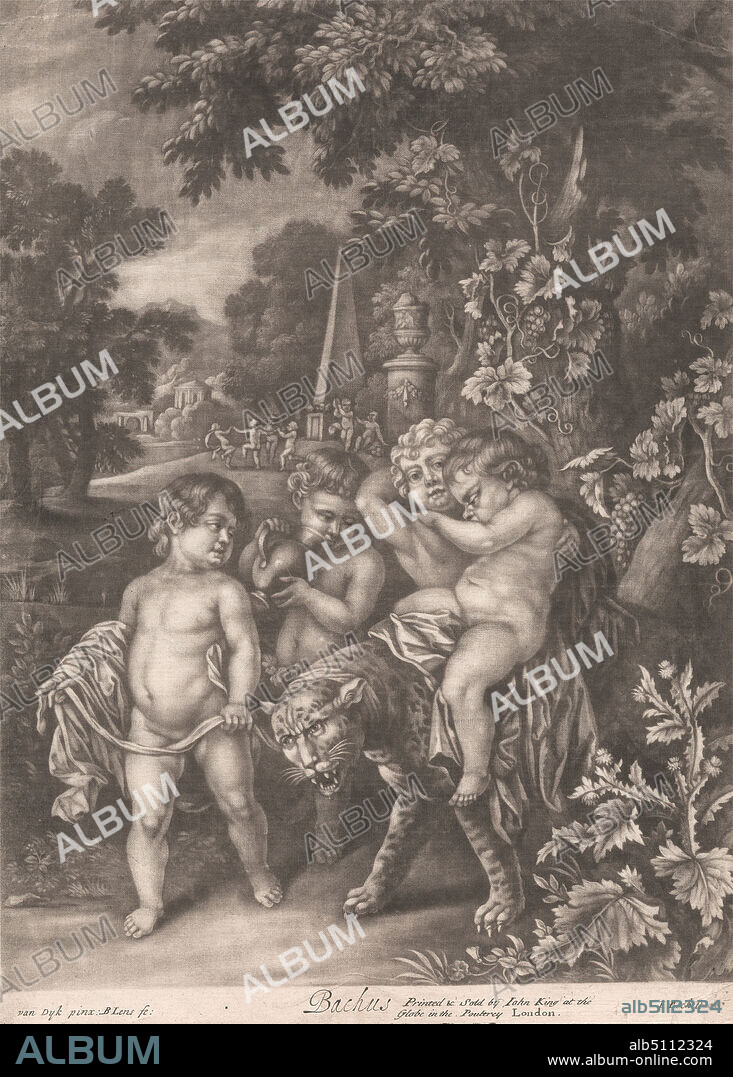 Bacchus, Print made by Bernard Lens, 16591725, British, after Sir Anthony Van Dyck, 15991641, Flemish, active in Britain (162021; 163234; 163541), undated, Mezzotint on medium, moderately textured, cream laid paper, Sheet: 12 1/2 × 9 1/16 inches (31.8 × 23 cm) and Image: 11 7/8 × 8 15/16 inches (30.2 × 22.7 cm), buildings, carrying, cheetah, children, cloth, dancing, drunk, god, grapes, holding, monuments, path, religious and mythological subject, servants, trees, vase, vines.