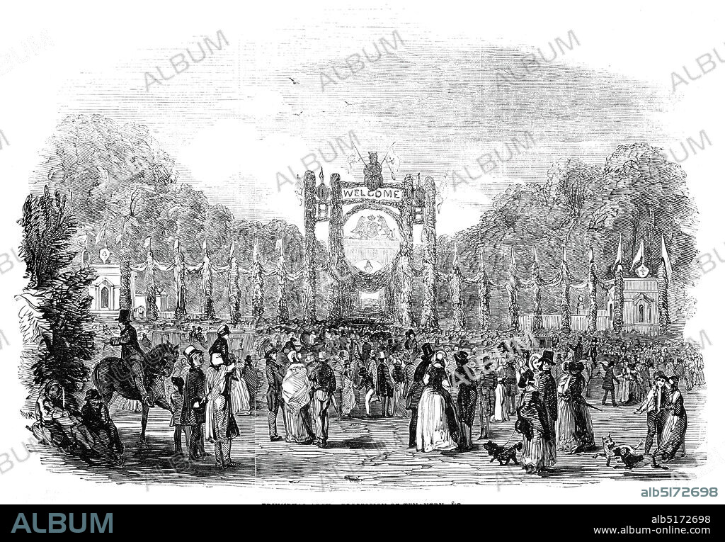 Grand festivities at Harewood House: triumphal arch - procession of tenantry etc, 1845. Celebrations at Harewood House near Leeds. 'The events which gave rise to the Festival were the Coming of Age, and Marriage, of Lord Viscount Lascelles, the eldest son of the present Earl of Harewood...In the centre was a large triumphal arch, formed of evergreens and flowers, in which were depicted the Harewood arms, with the word "Welcome," in flowers...The arch was flanked with laurel columns, from the apex of each of which gaily floated a blue, white, or red silken flag. From the above arch a colonnade, connected by festoons, led to the main arch...The whole of these festive decorations were well executed, from designs by, and under the direction of, Mr. Parsons, the superintending architect of the works now proceeding at Harewood House'. From "Illustrated London News", 1845, Vol VII.