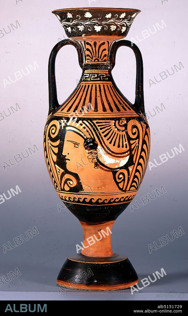 Amphora Painter, Amphora (female head), Glückstadt, clay, quickly turned, painted (ceramic), alternately fired, clay, painted and fired, Total: Height: 41.2 cm (40.7-41.2); Diameter: 16.5 cm; Muzzle diameter: 13.2 cm (13.0-13.2); Base diameter: 12.1 cm (11.4-12.1); Diameter: 1.4 cm (bottom hole); Weight: 1400 g, ceramic, profile (side view), Late Classical (Greek antiquity), On the slender amphora, which is reminiscent of Panathenaean prize amphorae (victory prizes at the festival in honor of the goddess Athena in Athens), a female head is depicted on both sides, facing left in profile. The hair is held together by a single-fur jacket. Above the ear there is a hair nest with a corkscrew curl. The jackets are decorated with black, white and yellow line and dot patterns. Earring, ray diadem and a dotted chain are in yellow color. Beside the heads, on both sides at the height of the handles, a palmette on two arches with tendrils curling up at the top can be seen. At the shoulders, a vertically directed rod name is visible with meanders above it, inclined to the right. The handles are decorated with a varnished palmette. A wave band (the so-called running dog) inclining to the right completes the painting of the vessel body at the bottom. The mouth funnel carries a white vine tendril with berries and has a wide, funnel-shaped mouth. The amphora was not intended for everyday use, as it has a hole in the bottom. It is rather an ornamental vessel, which was created especially as a burial gift.