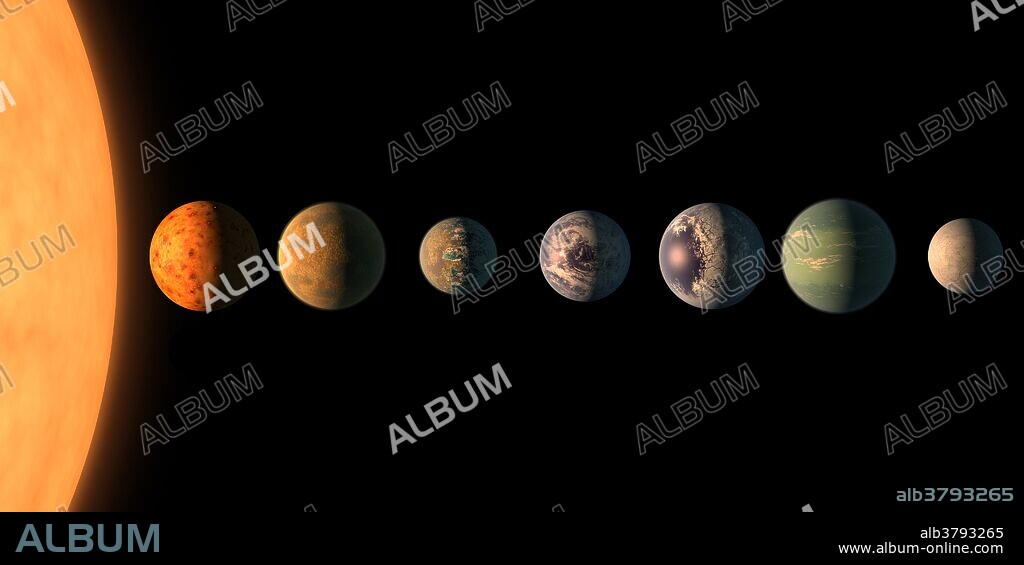 TRAPPIST-1 is an ultra-cool dwarf star in the constellation Aquarius, with terrestrial planets orbiting very close to it. The planets are likely all tidally locked, meaning the same face of the planet is always pointed at the star, as the same side of our moon is always pointed at Earth. This creates a perpetual night side and perpetual day side on each planet. This artist's concept shows what the system may look like, based on available data about the planets' diameters, masses and distances from the host star. The system has been revealed through observations from NASA's Spitzer Space Telescope and the ground-based TRAPPIST (TRAnsiting Planets and PlanetesImals Small Telescope) telescope, as well as other ground-based observatories. The planets could potentially harbor liquid water, depending on their compositions.