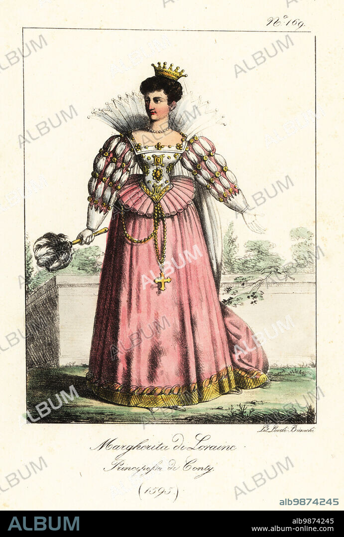 Louise Marguerite of Lorraine, Princess of Conti, 1595. Daughter of the Duke of Guise, member of the House of Lorraine. Married François de Bourbon, Prince of Conti. In crown, gown with upright collar, slashed sleeves, jeweled boxice, farthingale skirts. Marguerite de Loraine. Princesse de Conty. Handcoloured lithograph by Lorenzo Bianchi and Domenico Cuciniello after Hippolyte Lecomte from Costumi civili e militari della monarchia francese dal 1200 al 1820, Naples, 1825. Italian edition of Lecomtes Civilian and military costumes of the French monarchy from 1200 to 1820.