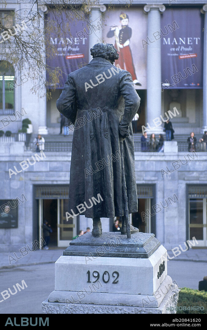 MARIANO BENLLIURE Y GIL. ESCULTURA DE FRANCISCO DE GOYA SITUADA FRENTE A LA FACHADA NORTE DEL MUSEO DEL PRADO- 1902.