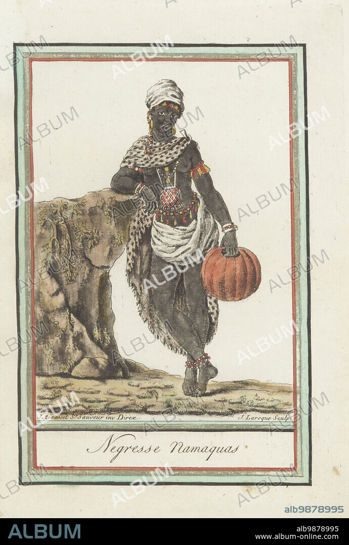 Nama or Namaqua woman in animal-skin cape, turban, dakka or talisman hanging from a cord, loincloth, bead jewelry, bracelets and anklets, holding a gourd. Negresse Namaquas. Handcoloured copperplate engraving by J. Laroque after a design by Jacques Grasset de Saint-Sauveur from his Encyclopedie des voyages, Encyclopedia of Voyages, Bordeaux, France, 1792.