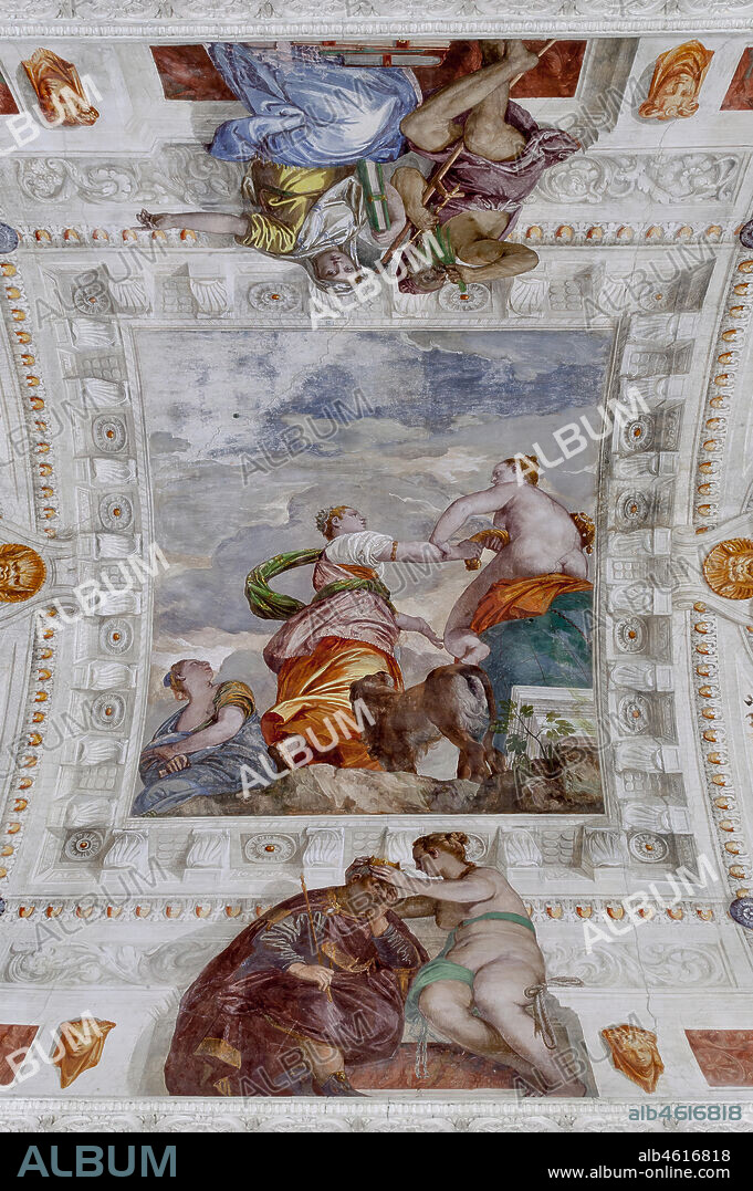 Maser, Villa Barbaro, the Room of the Little Dog, the vault, central fresco: Fortune, mistress of the world, denies Ambition every richness, while the Envy plots hiding a dagger in the folds of his robe. Fresco by Paolo Caliari, known as Il Veronese, 1560 - 1561.