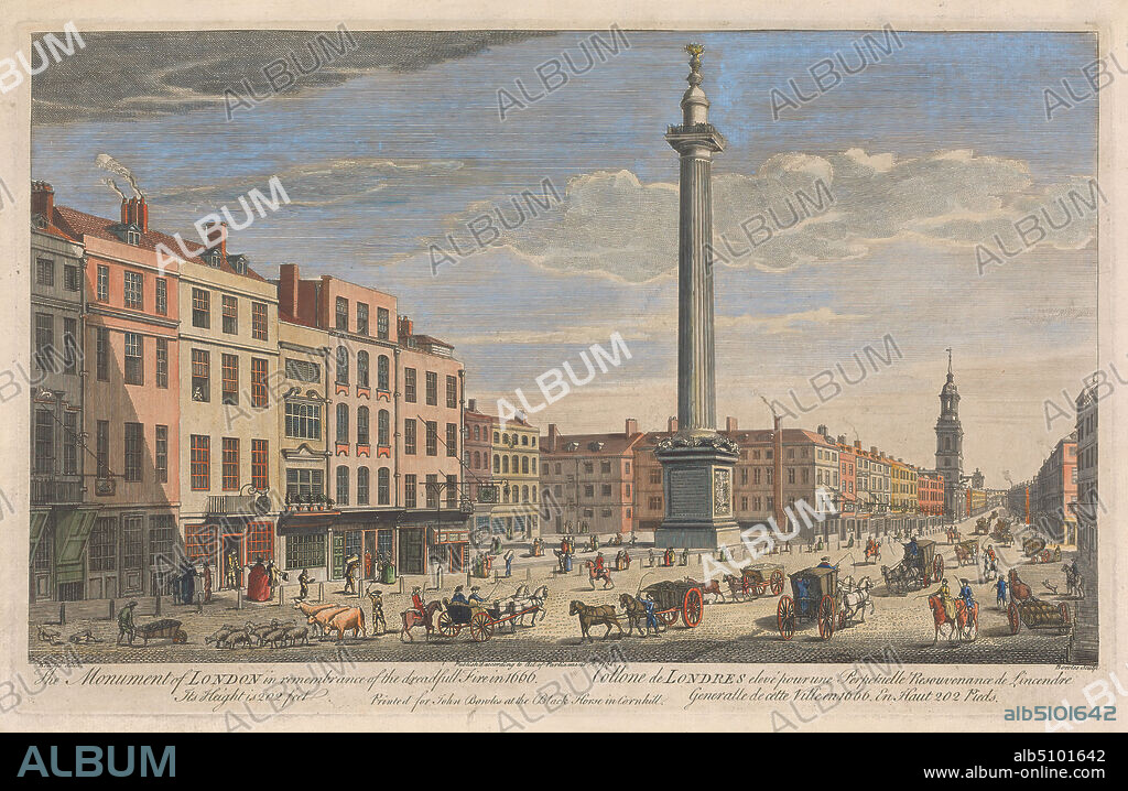 The Monument of London in Remembrance of the Dreadful Fire in 1666, Thomas Bowles, ca. 1712died 1753, British, after Thomas Bowles, ca. 1712died 1753, British, 1752, Hand colored engraving.