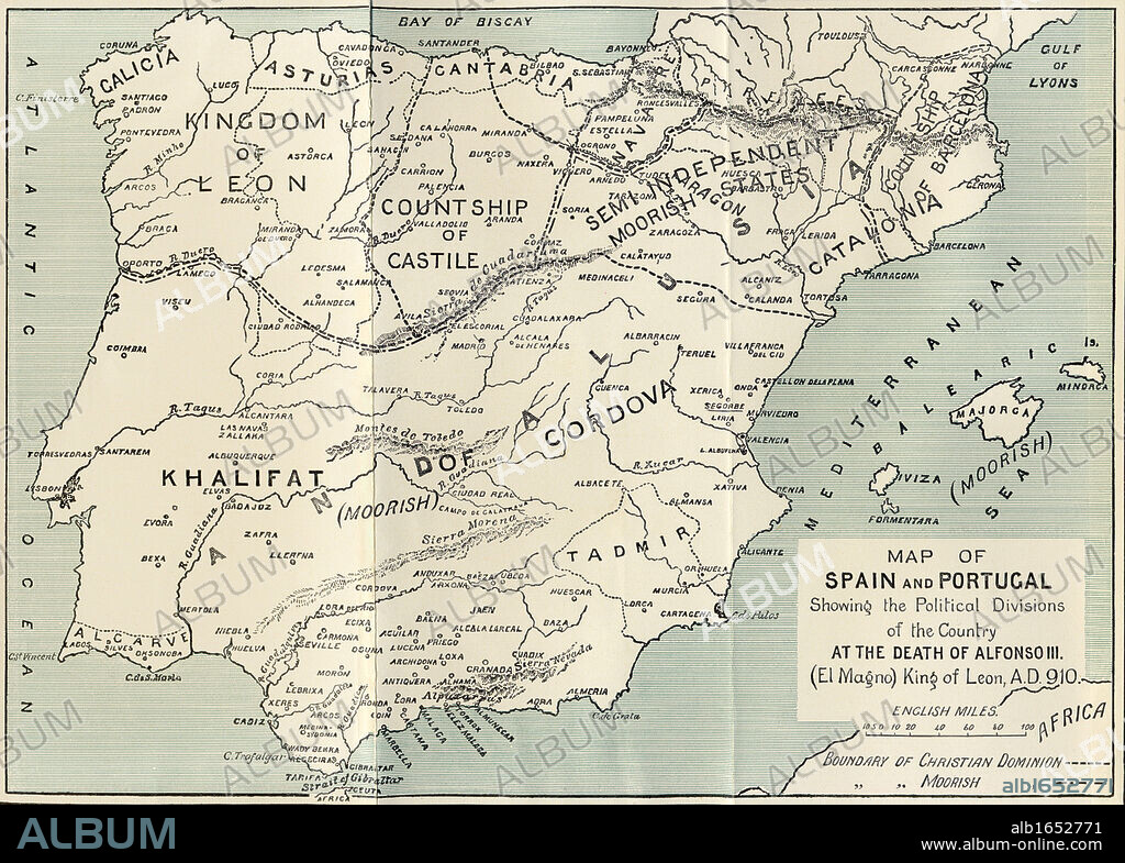 Map of Spain and Portugal showing the political divisions in the country at the death of Alfonso III, King of Leon. From the book Spain A Summary of Spanish History from the Moorish Conquest to the Fall of Granada 711 to 1492 by Henry Edward Watts published 1893.