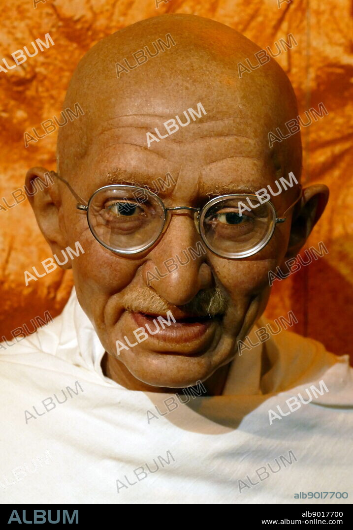 Waxwork statue depicting Mahatma Gandhi (1869 - 1948); Indian lawyer, anti-colonial nationalist, and political ethicist, who employed nonviolent resistance to lead the successful campaign for India's independence from British Rule, and in turn inspired movements for civil rights.
