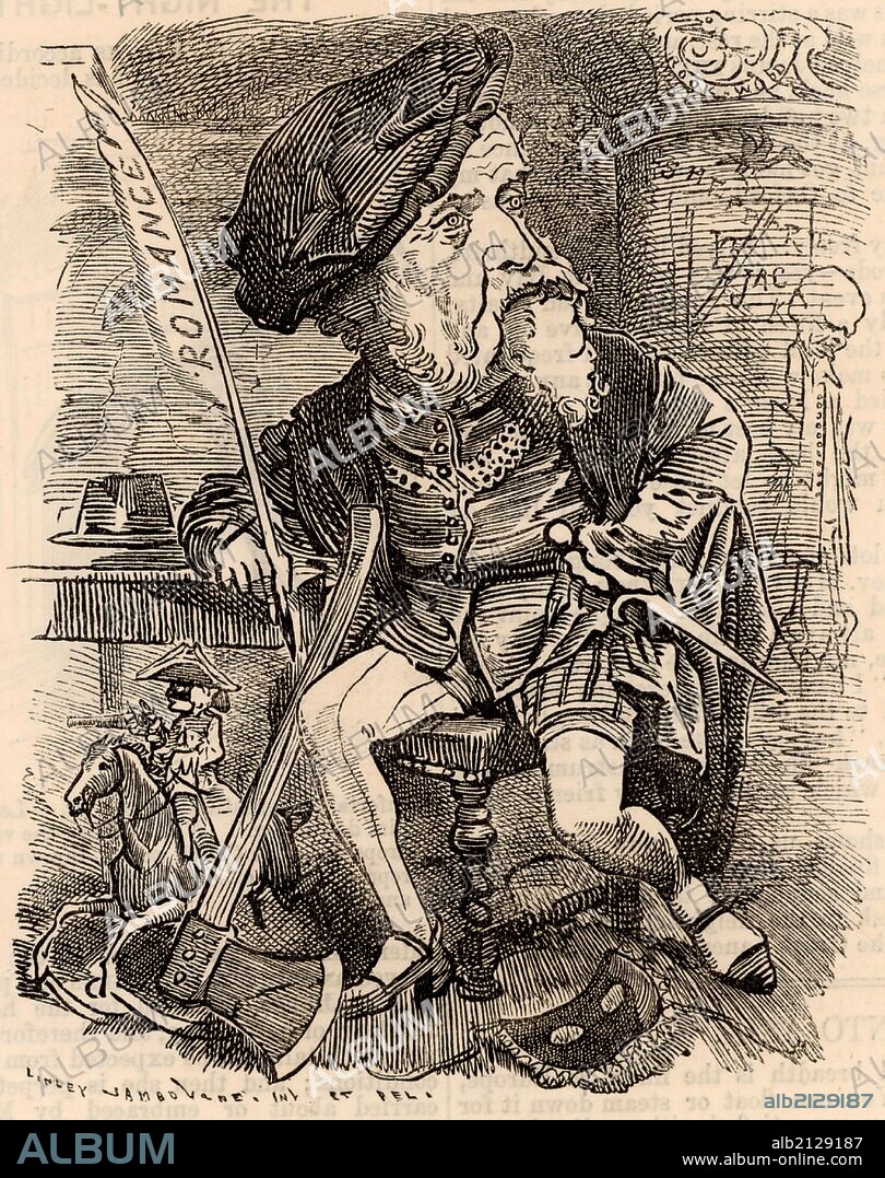 (William) Harrison Ainsworth (1805-1882) English historical novelist whose works include "Old St Paul's", "The Tower of London" and "Windsor Castle".  Cartoon by Edward Linley Sambourne in the Punch's Fancy Portraits series from "Punch" (London, 24 September 1881). (Photo by: Universal History Archive/UIG via Getty Images).