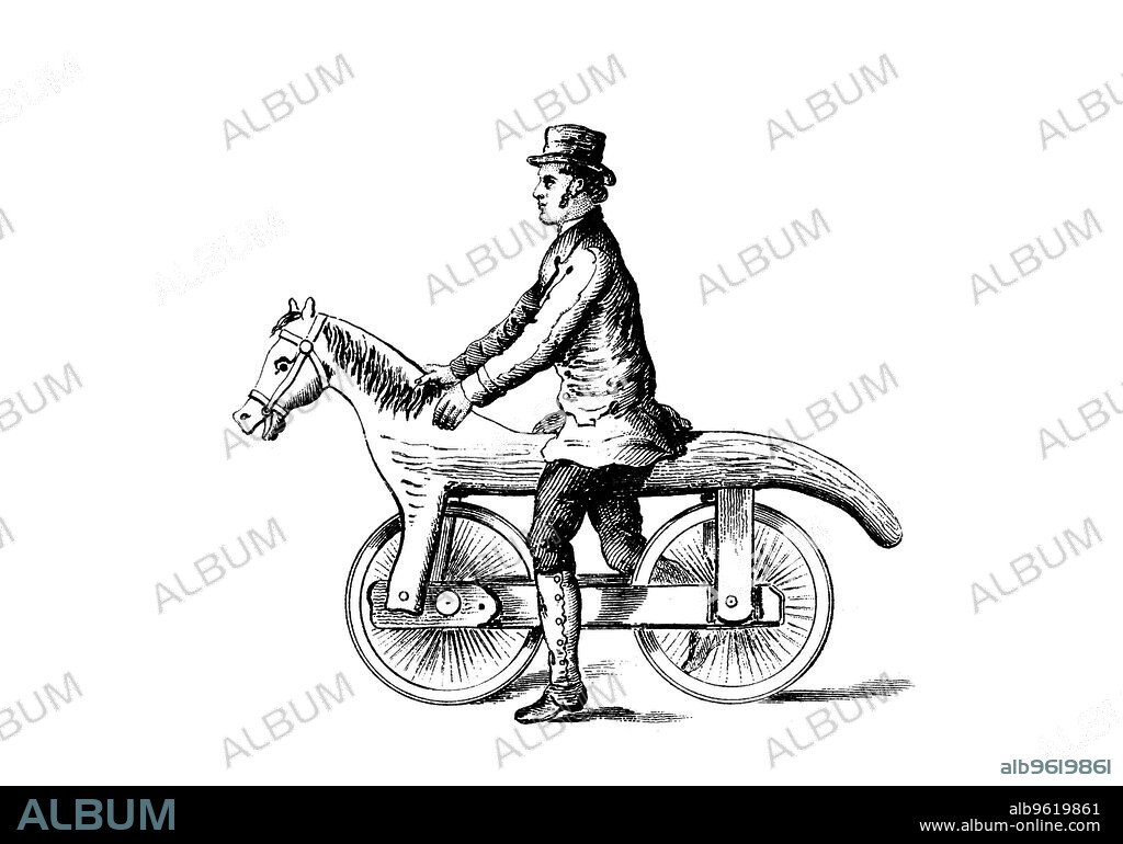 Primitive bicycle, a form of 'dandy horse', c1818. 'The dandy ' or 'hobby horse' was the forerunner of the bicycle and was invented by Baron von Drais in France in 1817. It was introduced to England the following year by Denis Johnson, a coachmaker of Long Acre, London, who described it as a 'pedestrian curricle'. Dandy horses had no pedals or brakes, but were propelled by the rider pushing on the ground with his feet, and dragging the feet to slow the machine. Johnson started a school where prospective purchasers could learn how to ride the machine, and in 1819 fashionable London society was briefly gripped by a craze for riding a hobby horse.