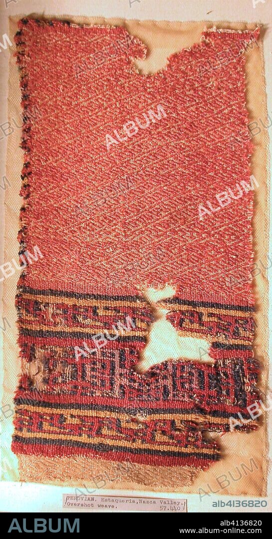 Fragment (Shawl). Ica; Peru, south coast, Nazca Valley, Estaqueria. Date: 1000-1532. Dimensions: 38.1 × 18.4 cm (15 × 7 1/4 in.). Cotton and camilid wool, plain weave with supplementary patterning wefts; cotton and camilid wool, single interlocking tapestry weave (paired warps); and cotton, plain weave with supplementary patterning wefts; edged with camilid wool in cross knit loop stitches; left selvage present: wefts turn on paired weft selvage cord; heading present: three heading cords. Origin: Peru.