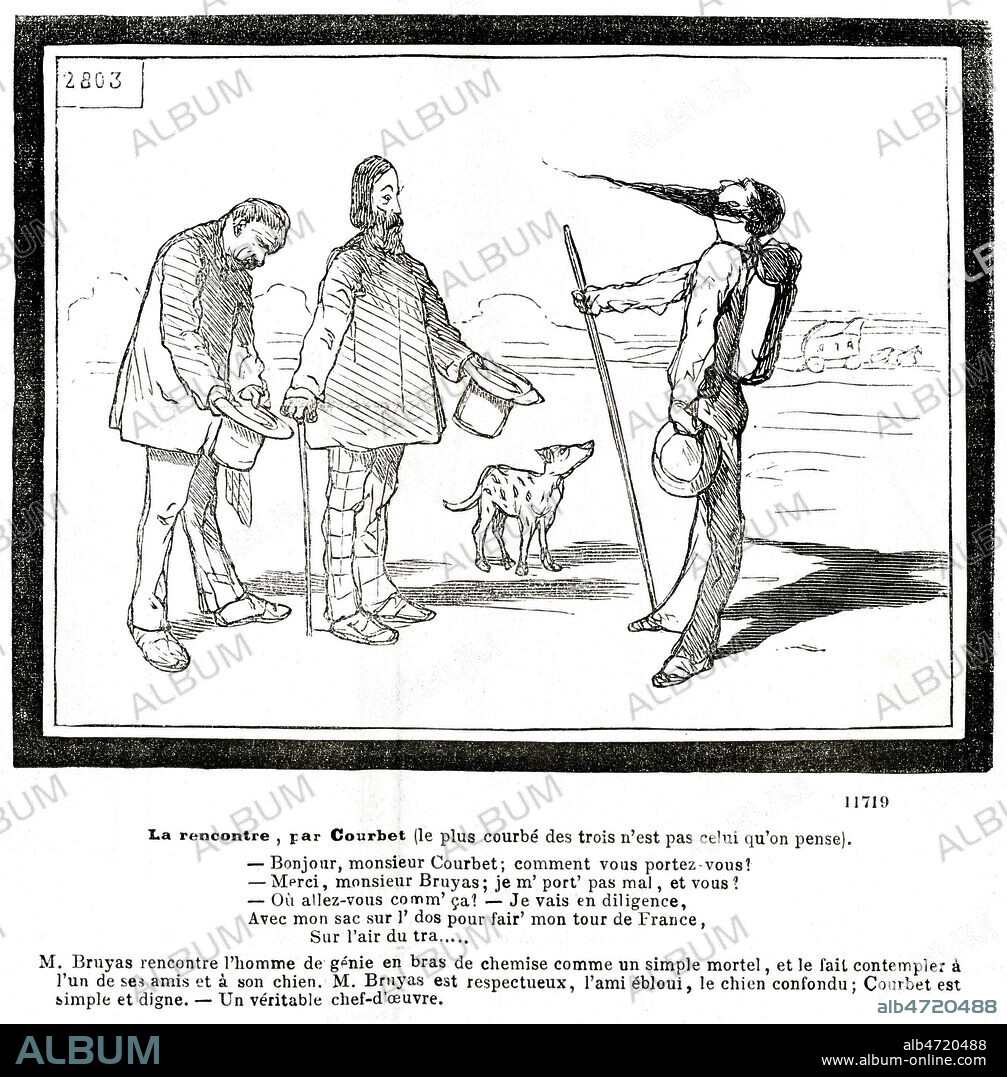 La rencontre par Courbet (le plus courbe des trois n'est pas celui qu'on pense). Caricature sur Gustave COURBET (1819-1877) et de son mecene Alfred BRUYAS (1821-1877) pour Le Salon depeint et dessine par BERTALL (1820-1882) paru dans Le Journal pour Rire du 25/08/1855. Credit : Coll. Jonas/KHARBINE-TAPABOR.
