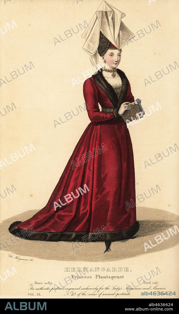Ermengarde, Princess Plantagenet, daughter of Fulk IV, le Rechin, and the witch countess Hildegarde of Beaugency, 1082-1147. She wears a Syrian cap with veil, crimson velvet robe bordered with sable, necklace and belt of bezants, and holds a book of devotion. Handcoloured copperplate engraving by Edward Hargrave from The Lady's Magazine and Museum of the Belles Lettres, Fine Arts, Drama, Fashions, etc., Vol. IX, Dobbs, London, 1836. From a portrait in Redon Abbey in Normandy.