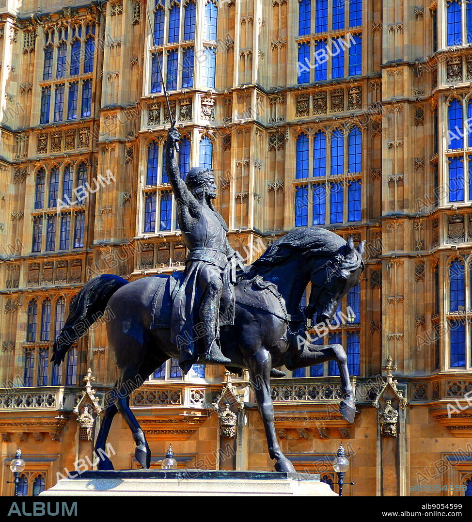 Statue outside Parliament, London showing, Richard I (1157 - 1199), King of England from 1189 until his death. He was known as Richard Coeur de Lion or Richard the Lion heart, because of his reputation as a great military leader and warrior.