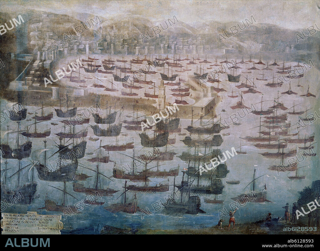 BATALLA DE LEPANTO - REUNION DE LA FLOTE DE LA LIGA SANTA EN EL PUERTO DE MESINA.