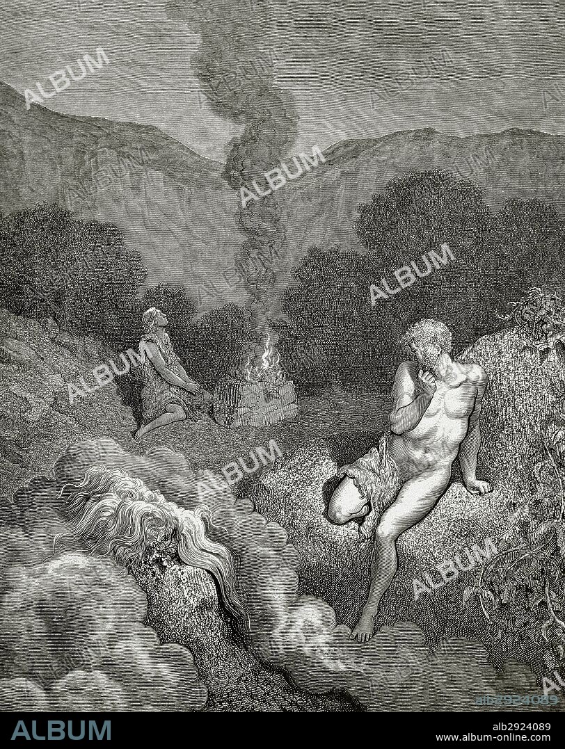 ANTIGUO TESTAMENTO. "CAIN Y ABEL OFRECIENDO SU SACRIFICIO". En las Sagradas Escrituras, Abel es el segundo hijo de Adán y Eva. Era pastor, y fue asesinado por su hermano Caín, agricultor, porque Yahvé aceptó con agrado su ofrenda y no la de Caín. "La Biblia en imágenes". Grabado de Gustave DORE.