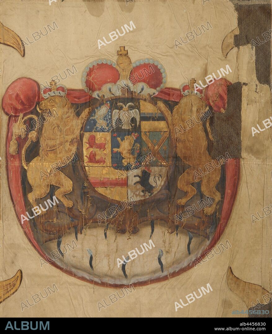 Fragment of a colonel's banner of the Nassau-Weilburg regiment, banner in ecru, in the center the full coat of arms of Nassau in a symmetrical cartouche, covered with an ermine crown with a red cap and three beaded braces, held by two golden, looking around lions with ditto crowns. The whole is placed on a red mantel lined with ermine, the middle of which is strongly in the shadow of the weapon. From below hemisphere. Flames centered in the corners, only partially transferred. Paradekant identical, prince of Nassau-Usingen Karel Willem, anonymous, 1758 - 1784, silk, h 96 cm × w 79 cm.