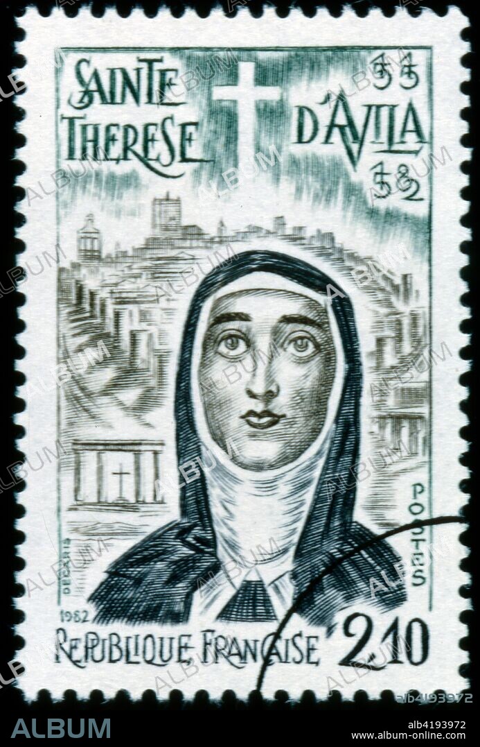 French postage stamp commemorating Saint Teresa of Avila, also called Saint Teresa of Jesus, (28 March 1515 – 4 October 1582),  Spanish mystic, Roman Catholic saint, Carmelite nun and author during the Counter Reformation, and theologian of contemplative life through mental prayer. She was a reformer in the Carmelite Order of her time and the movement she initiated, later joined by Saint John of the Cross, eventually led to the establishment of the Discalced Carmelites, though neither she nor John were alive when the two orders separated.