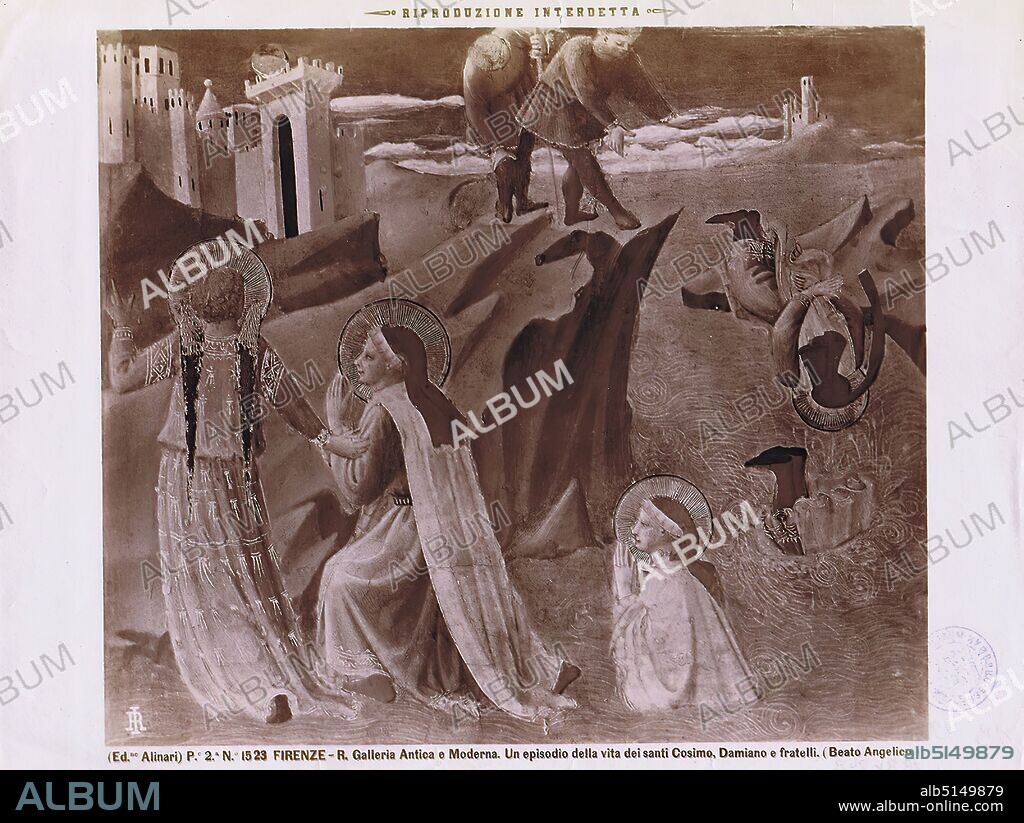 Fra Angelico: episode from the life of Saints Cosmas and Damian and brothers, Galleria dell'Accademia, Florence, albumin paper, black and white positive process, image size: height: 18.80 cm; width: 24.80 cm, FIRENZE - Galleria Antica e Moderna. Un episodio della vita dei santi Cosimo, Damiano e fratelli. (Beato Angelico.) Round stamp on verso, painting, saints.