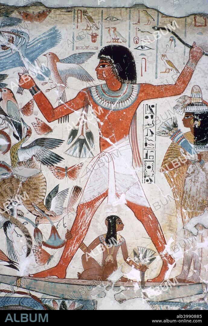 Fowling in the marshes: fragment of wall painting from the tomb of Nebamun (no. 10), Thebes, Egypt, 18th Dynasty, c1350 BC. Nebamun stands on a small papyrus boat with his wife Hatshepset behind him and his son below. He is about to let fly a throwstick into a mass of birds above a papyrus thicket. The hieroglyphs below Nebamun's raised arm describe him as 'taking recreation and seeing what is good in the place of eternity', that is, in the Afterlife. There are at least two meanings to this scene. The spearing of the fish scene may allude to new life, as the tilapia fish is a symbol of rebirth. The other images may be subtly erotic, since the duck is known as an erotic symbol, and a woman dressed up, particularly with such a heavy wig, suggests some form of sexual association. From the British Museum's Collection.