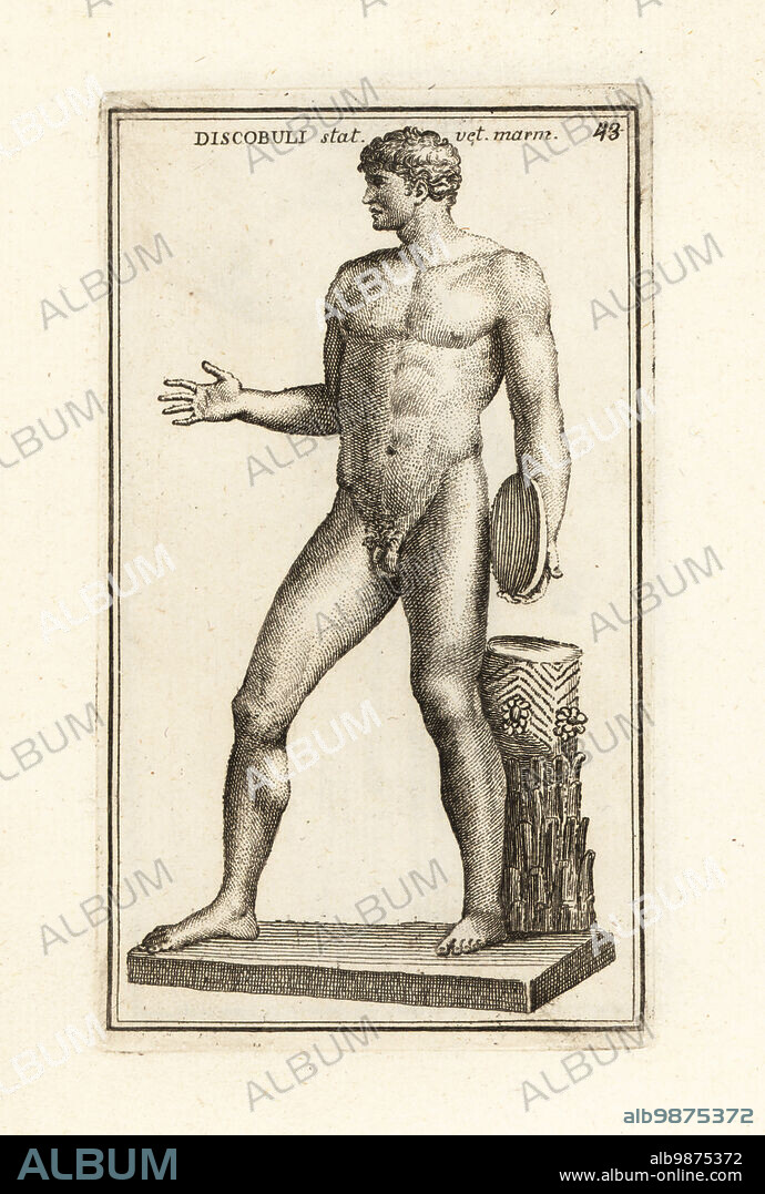 Statue of the Discophoros, Roman copy of a bronze sculpture by the classical Greek sculptor Polyclitus. Discobuli statua vetus marmorea. Copperplate engraving by Giovanni Battista Cannetti from Copperplates of the most beautiful ancient statues of Rome, Calcografia di piu belle statue antiche a Roma, engraved by Cannetti all'Arco della Ciambella, published by Gaetano Quojani, Rome, 1779.