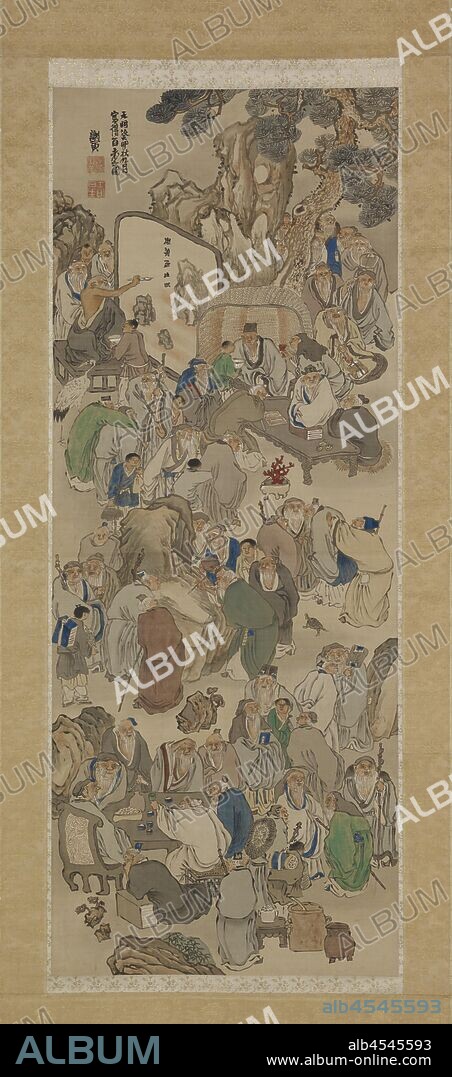 100 Old Men, Yosa Buson (Japanese, 1716-1783), Edo, 1783, ink and color on silk, 78 x 24-1/2 in. (overall) 48-1/4 x 17 in. (image), Signed: Shain Square intaglio seal beneath signature: [Sha Choko in] Square intaglio seal beneath above seal: [Shunsei], Asian Art.