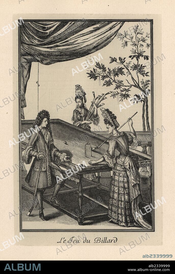 Louis XIV returning from a hunt to find the Duchess of Burgundy playing billiards. From an engraving published by Bonnard, 1704. Lithograph from Henry Rene Allemagne's Sports and Games of Skill (Sports et Jeux d'Adresse), Librairie Hachette, Paris, 1903.