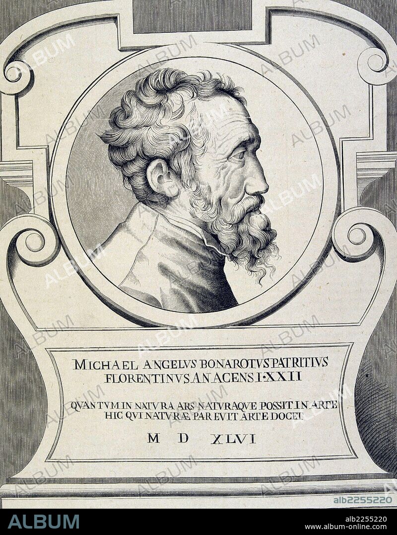 MIGUEL ANGEL. MIGUEL ANGEL BUONAROTI. ESCULTOR , PINTOR Y ARQUITECTO ITALIANO.1475-1564. GRABADO RETRATO DE LA ILUSTRACION ESPAÑOLA Y AMERICANA.