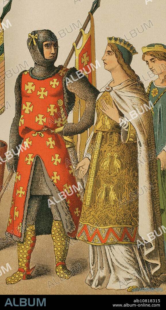 Sacro Imperio Romano Germánico, 1100. De izquierda a derecha: guerrero, princesa y dama. Cromolitografía. "Historia Universal", por César Cantú. Tomo V, 1884.