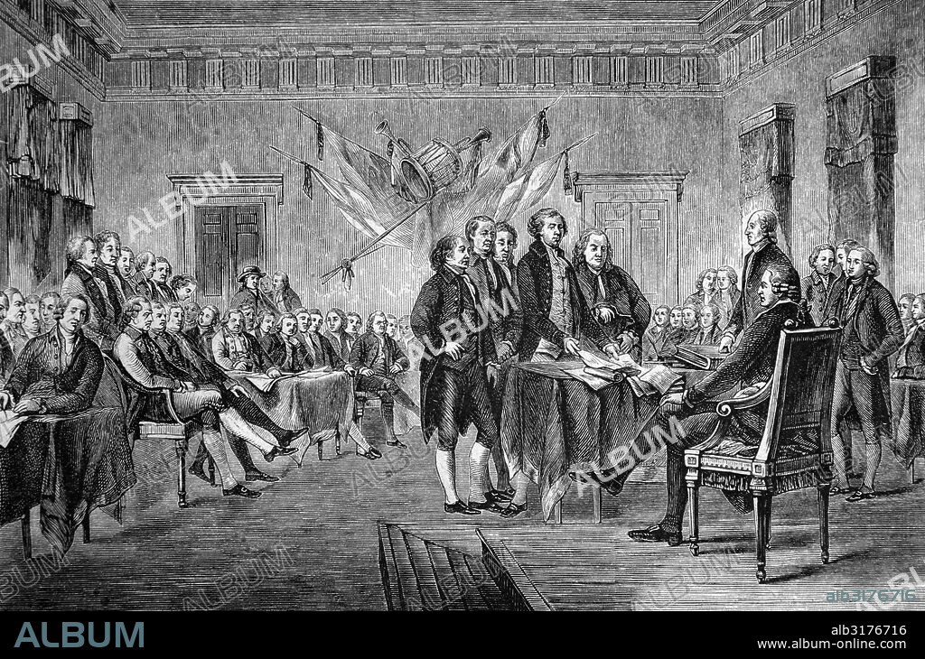 Signing of the declaration of independence of the united states of north america in 1776, the u.s., historical illustration, 1877.