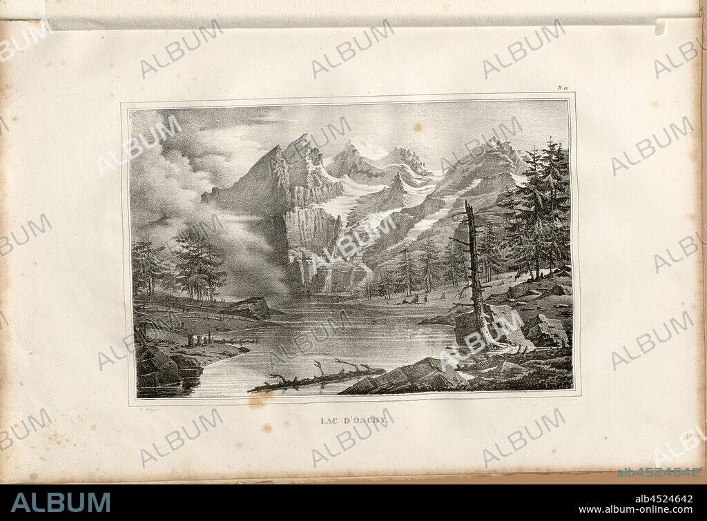 Lake Oschy, View Oeschinensee, N. 13, after S. 2, S. 55, Pingret, Edouard; Langlumé (lith.), Hilaire Sazerac: Un mois en Suisse ou souvenirs d'un voyageur. Paris: Sazerac & Duval, 1825.