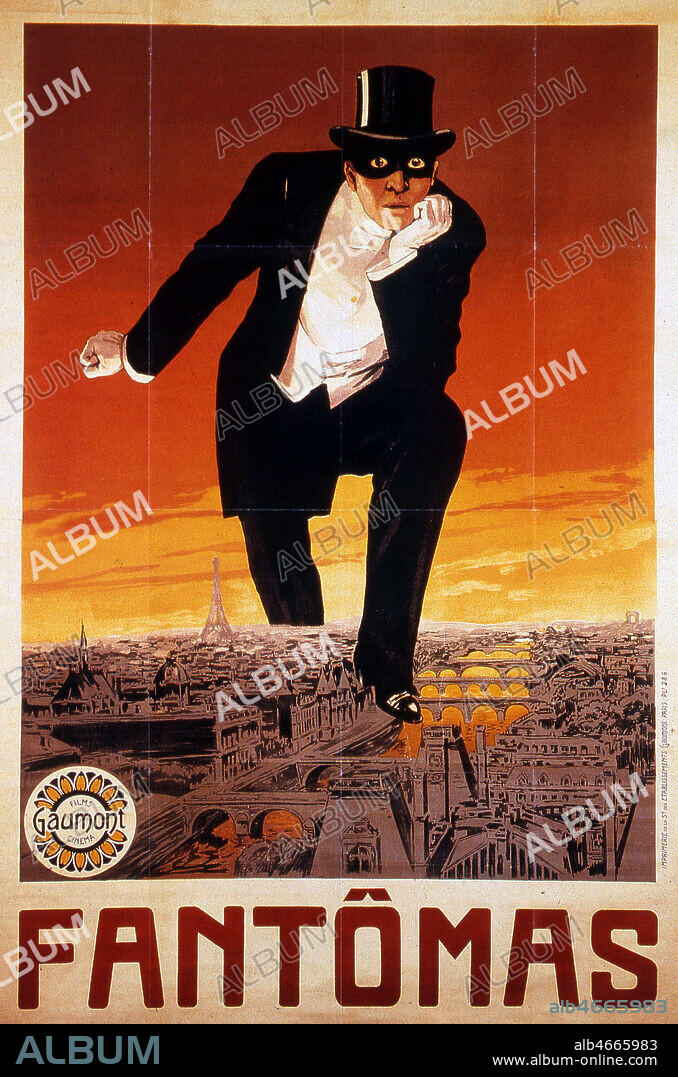 Affiche du film FANTOMAS, de Louis FEUILLADE, sorti en avril 1913 reprenant l'illustration de la couverture du roman populaire paru en 1911 (avec le couteau ensanglanté en moins). Affiche de lancement de la série des Fantômas, 1913, lithographie en couleurs, 220x150cm. Films GAUMONT. Collection privee PERRON/KHARBINE TAPABOR.