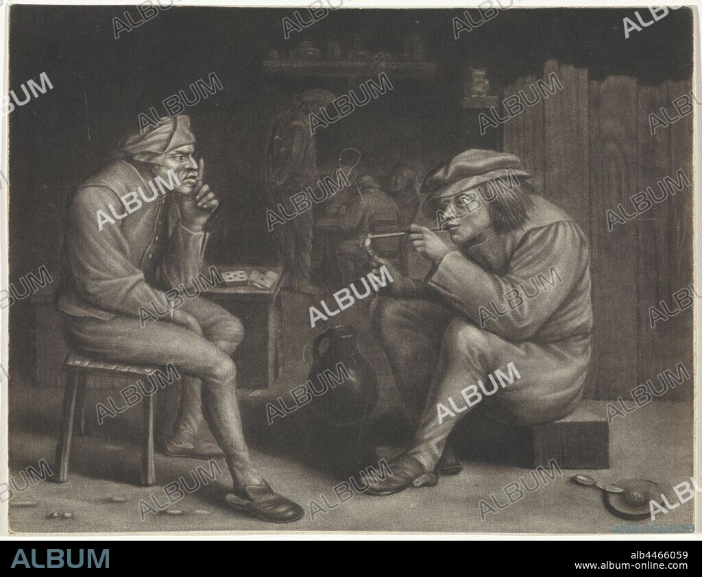 Pub scene with man lighting pipe, During a card game in an inn, one of the players lights his pipe. In the background a group of men and an owl on a stick., Jan van der Bruggen, 1659 - 1740, paper, h 180 mm × w 232 mm.