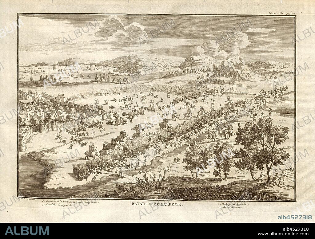 Battle of Palermo, Battle of Panormus between Rome and Carthage, signed: K. De Putter fecit 1728, Pl. XXXV, Tom., I, p. 164, after p. 164, Putter, K. de (fec.), 1728, Polybius; Vincent Thuillier; Jean Charles de Folard: Histoire de Polybe. Tome 1; Amsterdam: Arkstée et Merkus, MDCCLXXIV [1774].