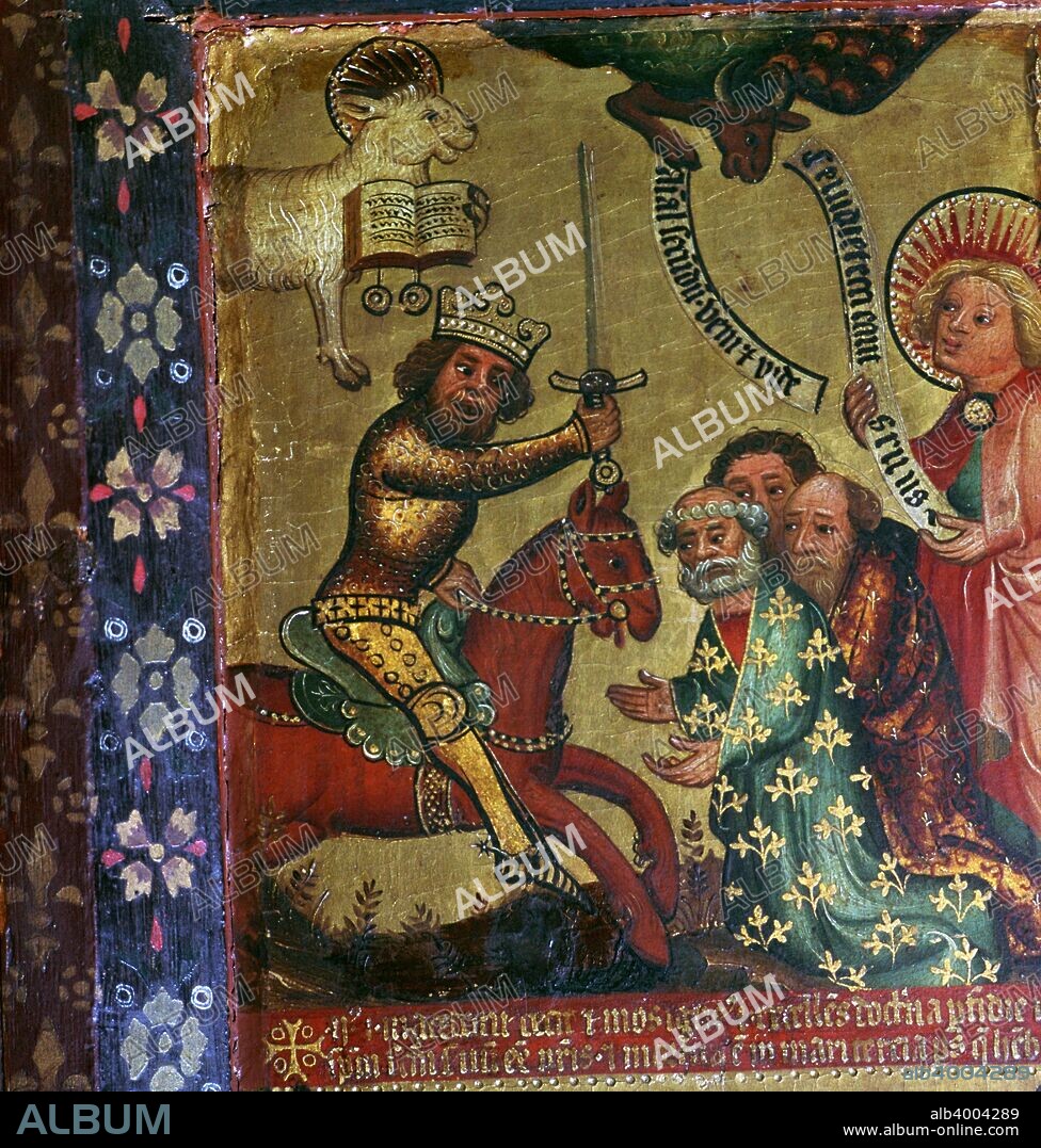 Painting showing the 'Second Horseman', and the martyrdom of St Peter (died- 67 AD) and St Paul (died - 67 AD) by the Roman emperor Nero (15 December 37 ? 9 June 68). Part of the Altar of Apocalypse, from the workshop of Master Bertram of Hamburg. From the Victoria and Albert Museum's collection, 14th century.