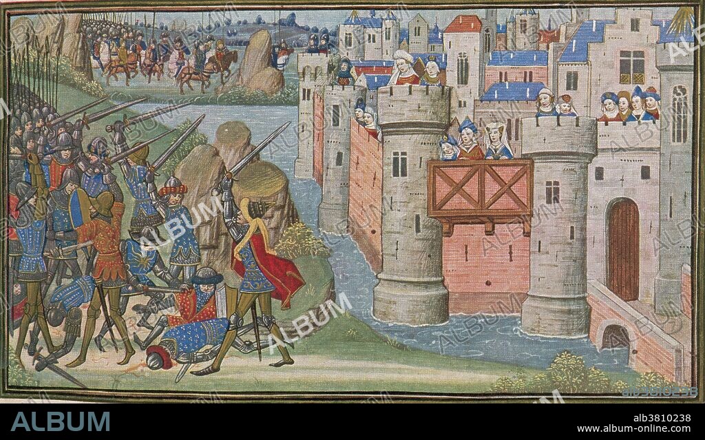 When Alexander the Great defeated the Persian forces at the Battle of Granicus in 334 BC, the Greek cities of Asia Minor were liberated and Alexander was greeted warmly when he entered Ephesus in triumph. The battle scene is illustrated in the style of the Middle Ages and shows Alexander battling the Hindus and Persians outside the walls of Epheus. Alexander III of Macedon (356-323 BC) was a Greek king. In 334 BC, he invaded Persian-ruled Asia Minor and began a series of campaigns that lasted ten years. Alexander broke the power of Persia in a series of decisive battles, overthrew the Persian King Darius III and conquered the entirety of the Persian Empire. He was undefeated in battle and is considered one of history's most successful commanders. His campaigns greatly increased contacts and trade between East and West, and vast areas to the east were significantly exposed to Greek civilization and influence. In June 323 BC, Alexander died a painful death in the palace of Nebuchadnezzar II, at age 33.