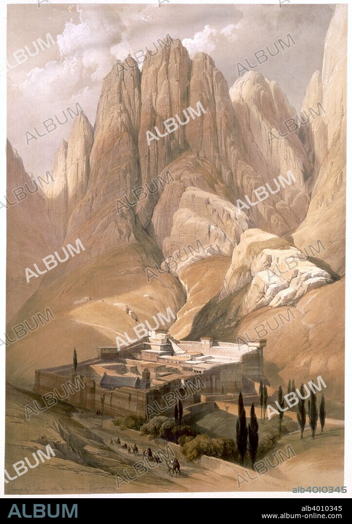 'Convent of St Catherine with Mount Horeb, February 19th 1839' (1849). The Greek Orthodox St Catherine's Monastery stands at the foot of the mountain where, according to the Bible, Moses was given the Ten Commandments. It was built in the 6th century during the reign of the Emperor Justinian, around the site where Moses is said to have witnessed the Burning Bush. Plate 118 from Volume III of The Holy Land by David Roberts.