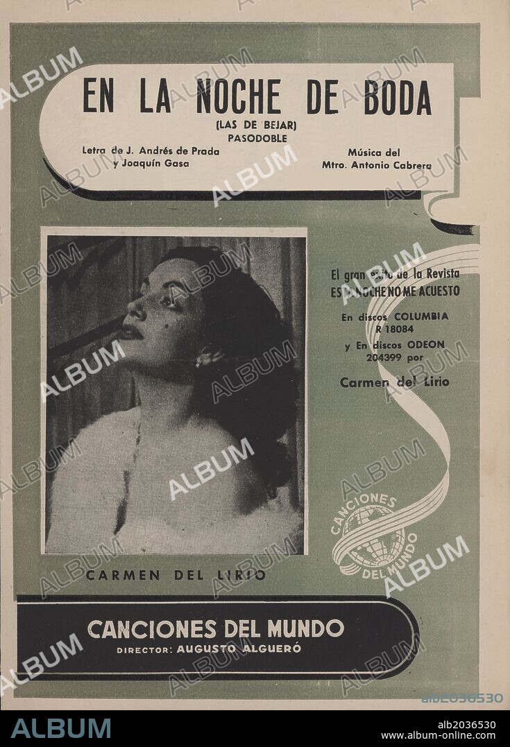 Partitura musical y cancionero. En la noche de boda, pasodoble de Antonio Cabrera, interpretado por Carmen de Lirio. Barcelona, 1951.