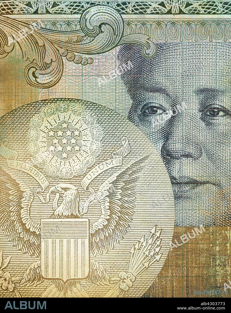 Mao Zedong and the Great Seal of the United States in collage from Chinese and US banknotes.