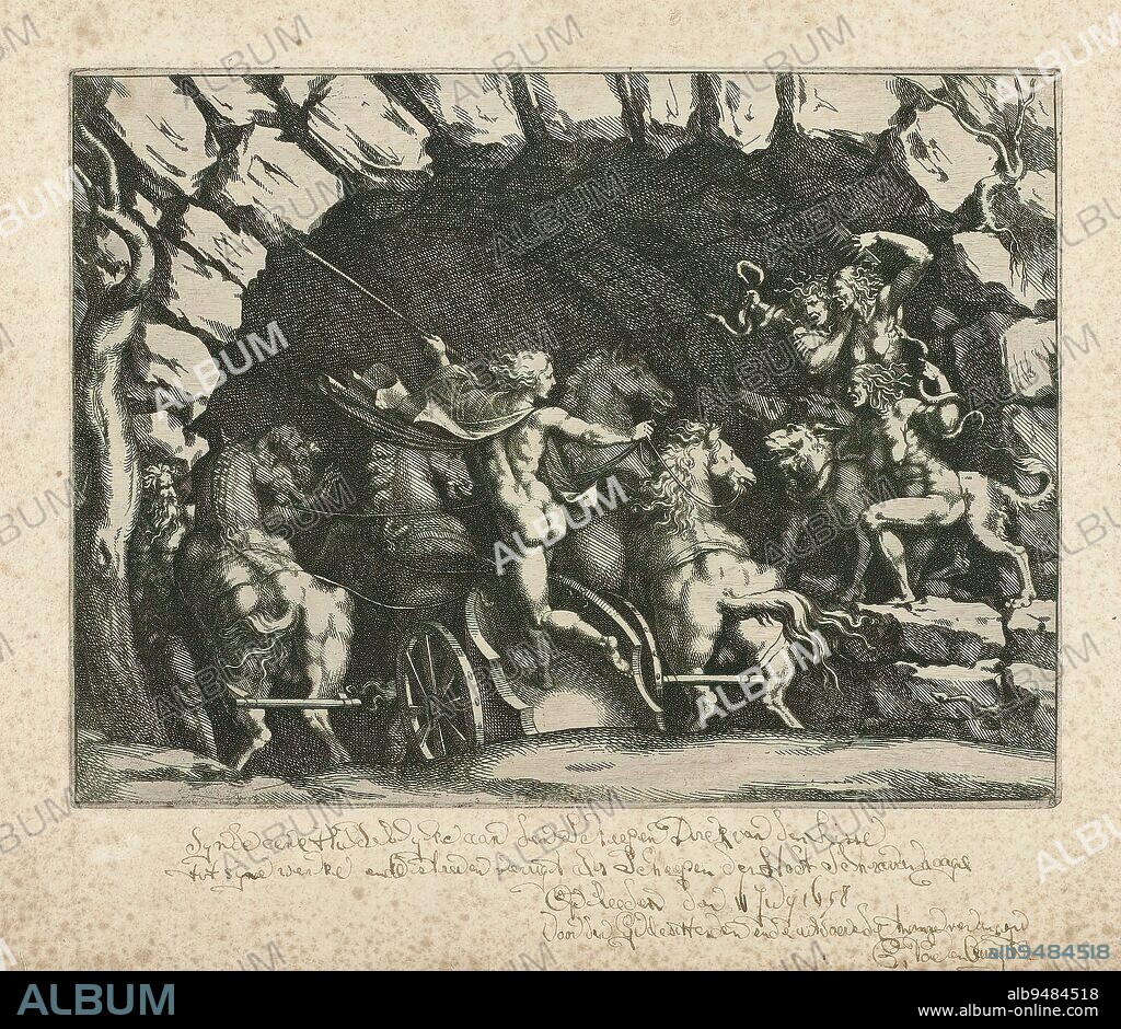 Pluto enters the underworld, Pluto rides into the underworld on his chariot drawn by four horses. The entrance is guarded by the three-headed dog Cerberus and the three Furies., print maker: Pietro Sante Bartoli, print maker: anonymous, after print by: Giulio Bonasone, (possibly), print maker: Italy, print maker: Italy, after print by: Italy, after painting by: Mantua, 1645 - 1658, geheel, :, etching, height 280 mm × width 397 mm.