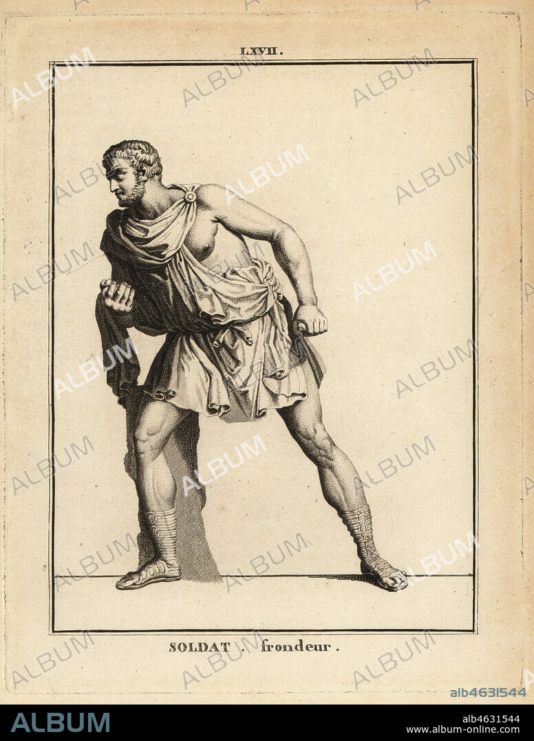 Statue of a Roman soldier, a slinger or slingshot infantryman. Copperplate engraving by Francois-Anne David from Museum de Florence, ou Collection des Pierres Gravees, Statues, Medailles, Chez F.A. David, Paris, 1787. David (1741-1824) drew and engraved the illustrations based on Roman statues, engraved stones and medals in the collection of the Museum de Florence and the cabinet of curiosities of the Grand Duke of Tuscany.
