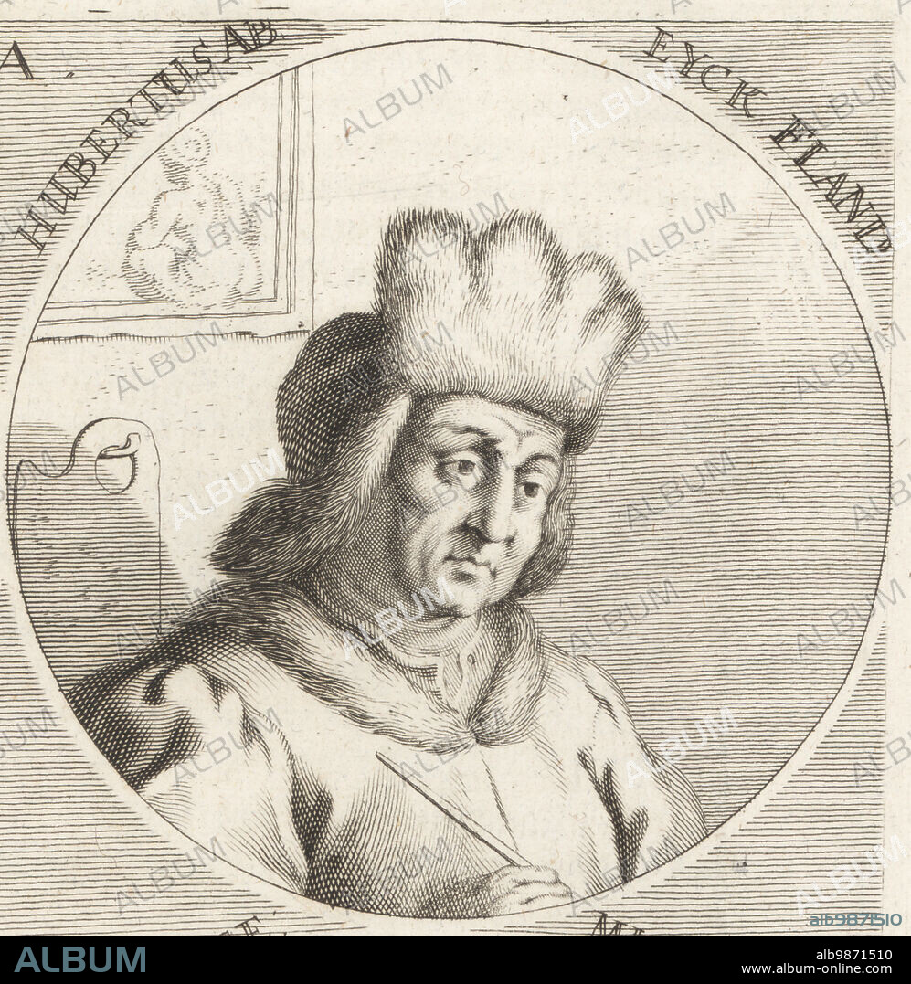Hubert van Eyck, Huybrecht van Eyck, c.1385-1426. Early Netherlandish painter and older brother of Jan van Eyck. In fur hat, with paintbrush and palette. Hubertus ab Eyck Fland. Copperplate engraving by Philipp Kilian after an illustration by Joachim von Sandrart from his LAcademia Todesca, della Architectura, Scultura & Pittura, oder Teutsche Academie, der Edlen Bau- Bild- und Mahlerey-Kunste, German Academy of Architecture, Sculpture and Painting, Jacob von Sandrart, Nuremberg, 1675.