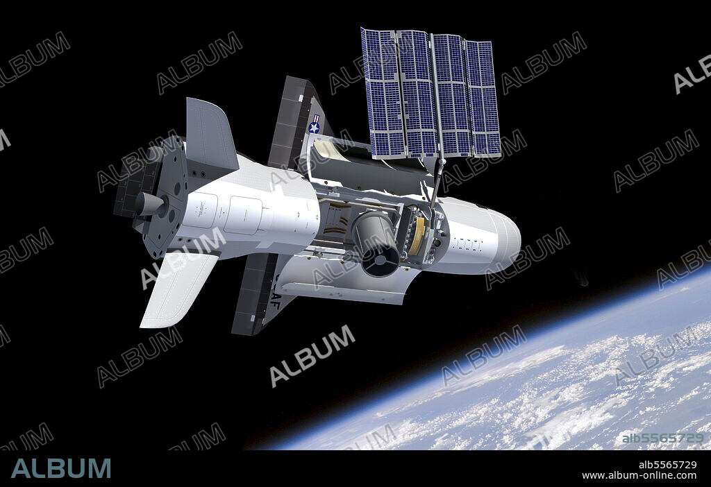 Artist's concept of the NASA X-37B spacecraft in orbit, showing payload bay and solar panels.