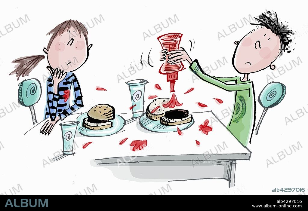 Boy squirting tomato ketchup over hamburger and making a mess.