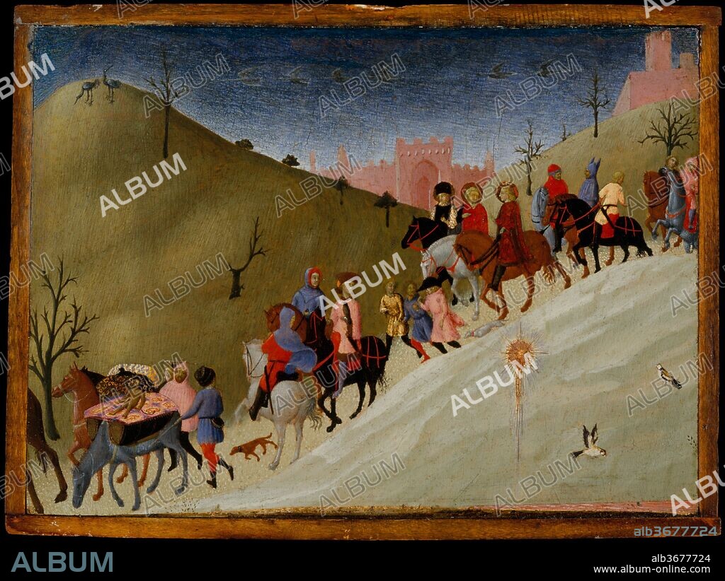 The Journey of the Magi. Artist: Sassetta (Stefano di Giovanni) (Italian, Siena or Cortona ca. 1400-1450 Siena). Dimensions: 8 1/2 x 11 3/4 in. (21.6 x 29.8 cm). Date: ca. 1433-35.
This scene, by the leading painter of fifteenth-century Siena, shows the three magi journeying to Bethlehem to worship Christ. It is a fragment from a small altarpiece showing the Adoration of the Magi. Originally, the star was shown above the tiled roof of the stable. The fur-lined hat worn by the magus in pink was inspired by the visit to Siena in 1432 of King Sigismund of Hungary. The picture may date about 1433-35. For more information about this painting and the other panel from the altarpiece, visit metmuseum.org.